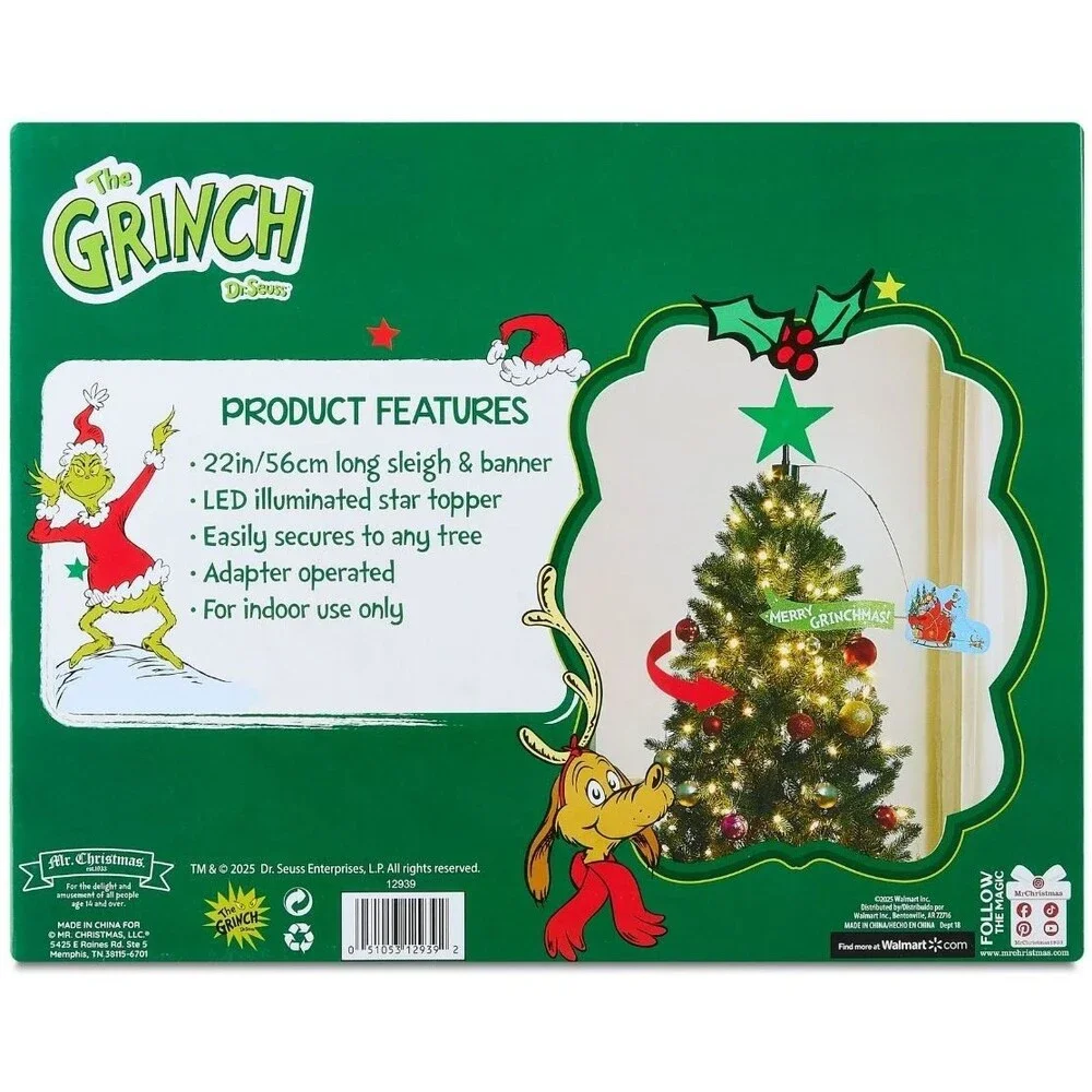 Mr. Christmas Animated Grinch Sleigh Tree Topper w/ LED Star, Sleigh & Banner